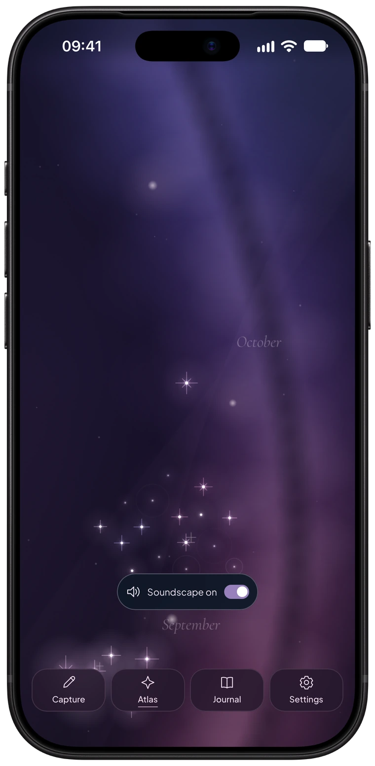 Velvet Nebula native Atlas with fictional dreams and official Apple iPhone frame